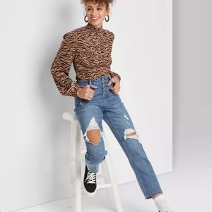 High-Rise Distressed Straight Ankle Jeans